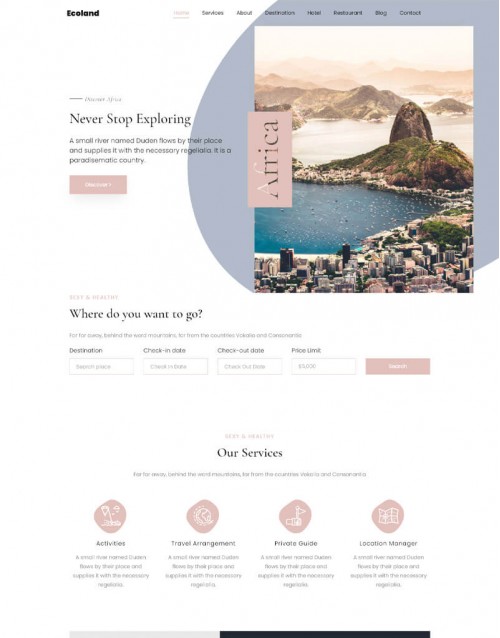 Template HTML5 Site para Hotéis, Viagens, One Page Ecoland