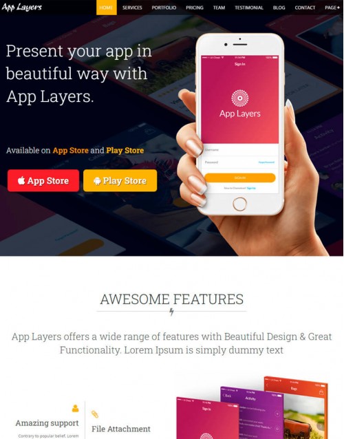 Template HTML5 Site para Aplicativos, One Page App Layers